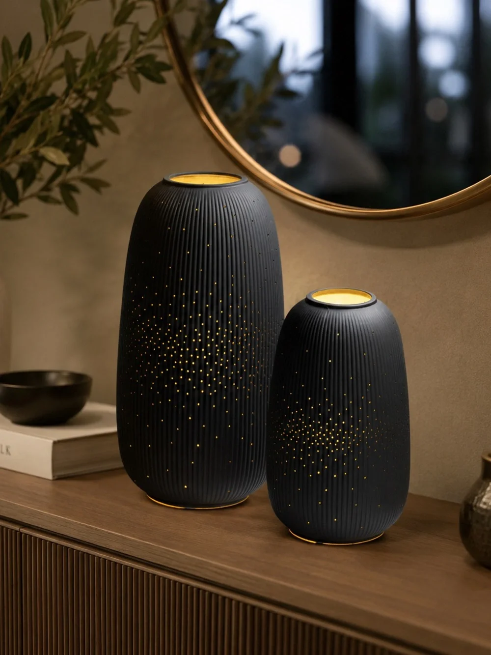 Evergreen Black Porcelain LED Lanterns — Set of 2
